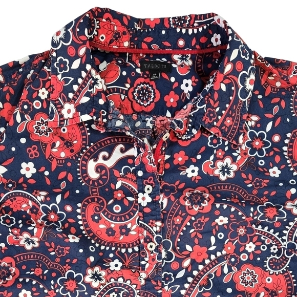 Talbots 100% Cotton Blue Red White Floral Paisley Button-Up Shirt Patriotic - Picture 4 of 8